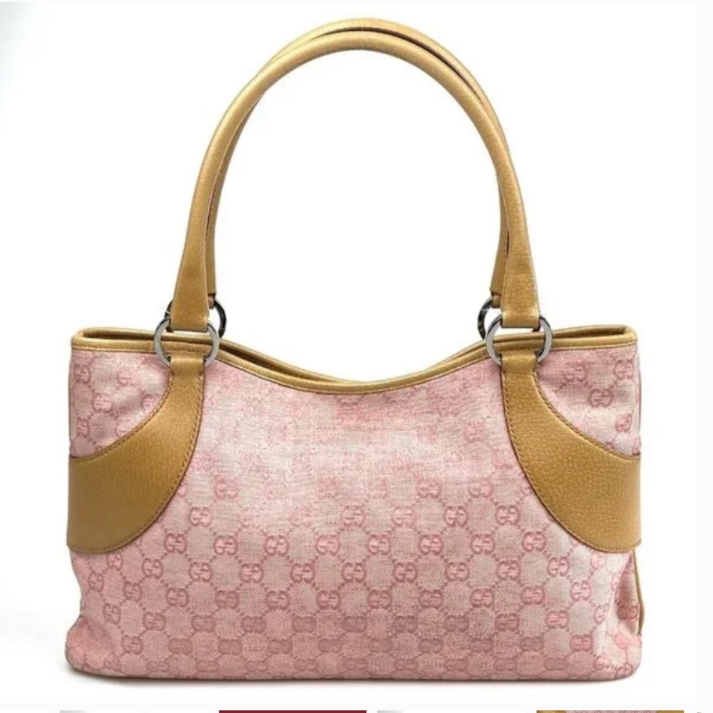 Authentic Gucci Monogrammed Pink Canvas Purse with tan leather trim